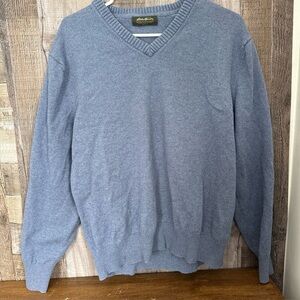 Eddie Bauer Men's Heather Blue V-Neck Sweater Crewneck Pullover Large